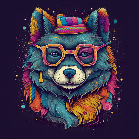 A dog wearing glasses and a party hat. Generative AI image.の素材