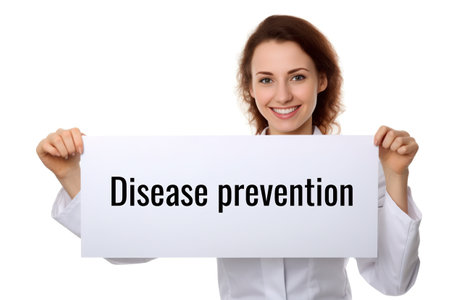 A woman holding a sign that says disease prevention. Generative AI image.の素材