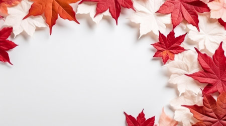 A white background with red and orange leaves. Generative AI image.の素材