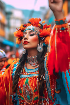 A woman in a colorful costume is holding her hand up. Generative AI image. Fiesta de la Tirana in Tarapaca, Chile.の素材