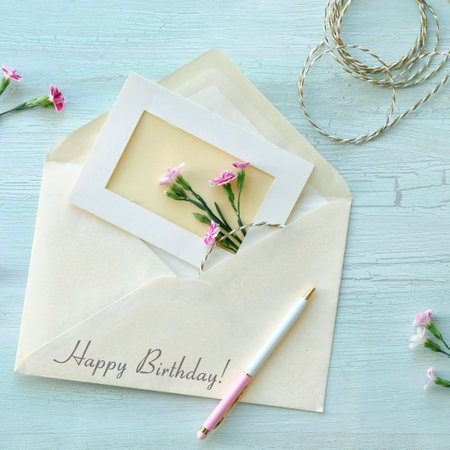 Envelope and self made greeting card concept with fresh carnation flowers.の写真素材