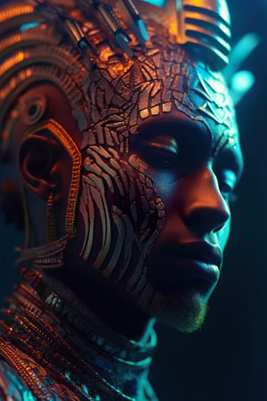 A close up of a person wearing a costume. Generative AI image. African model with futuristic face paint.の素材