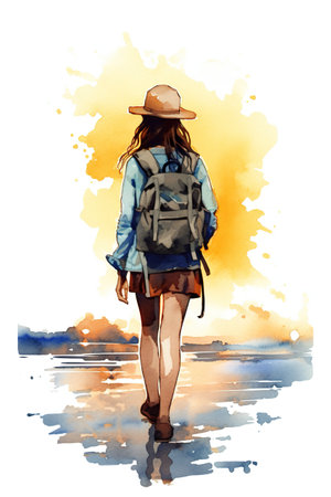 A woman walking on the beach with a backpack. Generative AI image.の素材