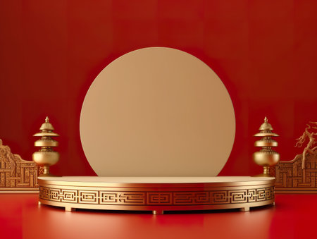 Red room with a gold pedestal and a red wall. Generative AI image. Chinese New Year product podium.の素材