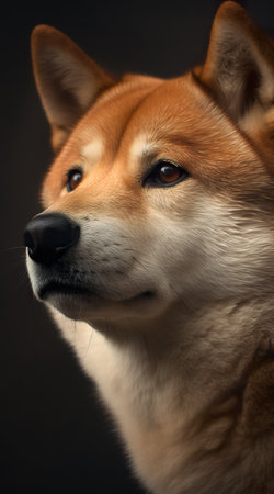 A close up of a dog with a black background. Generative AI image. Shiba inu dog portrait.の素材