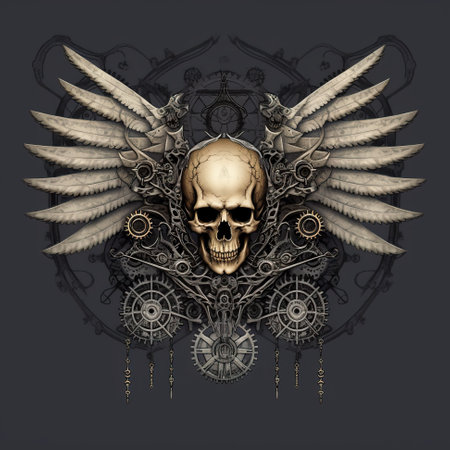 A skull with wings on a dark background. Generative AI image.の素材