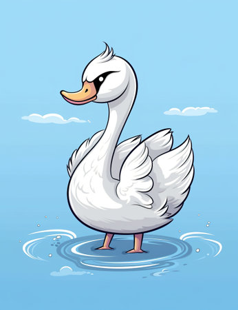 A cartoon white duck standing in the water. Generative AI image.の素材