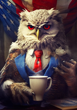 An owl with a tie and a cup of coffee. Generative AI image.の素材