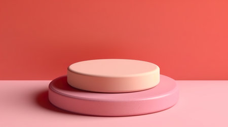 Round podium on pink and red background. Generative AI.の素材