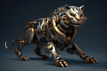 A large metal animal with gold accents on its body. Generative AI image.の素材