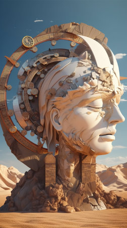 A sculpture of a womans head in the desert. Generative AI image. AI, artificial intelligence.の素材