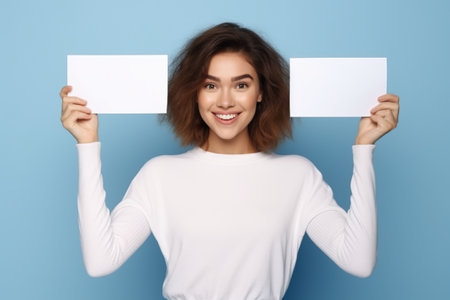 A beautiful young woman holding up a blank sign. Generative AI image.の素材