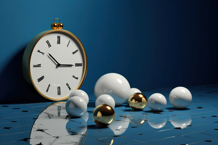 A group of balls and a clock on a tiled floor. Generative AI image.の素材