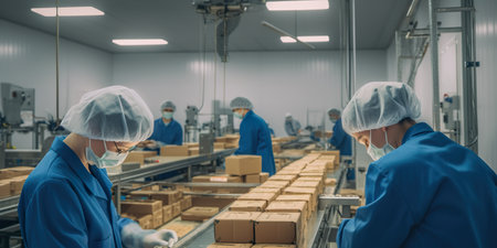 A group of people working in a factory. Generative AI image.の素材