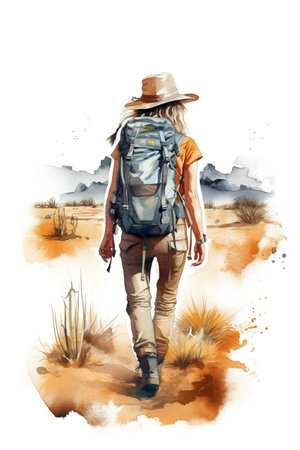 A woman with a backpack walking in the desert. Generative AI image.の素材