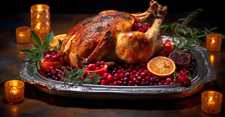 A turkey on a platter with cranberries and oranges. Generative AI image.の素材