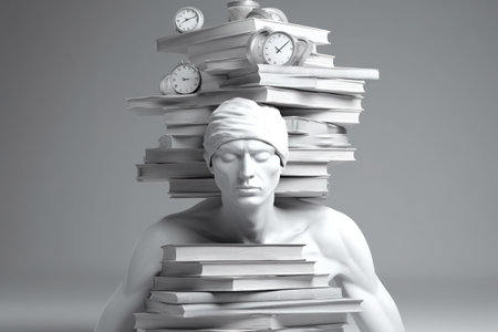 A statue of a man with a pile of books on his head. Generative AI image.の素材