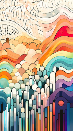 A painting of a colorful landscape with clouds. Generative AI image.の素材