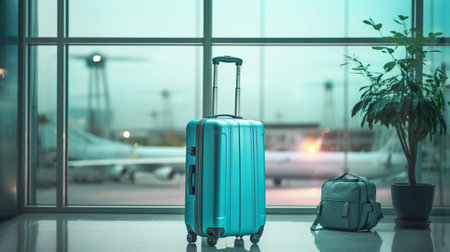 A piece of luggage sitting in front of a window. Generative AI image.の素材