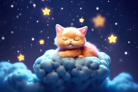 A cat sleeping on a cloud with stars in the sky. Generative AI image.の素材