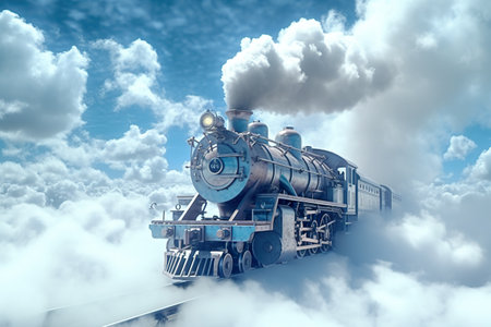 A steam engine train traveling through a cloudy sky. Generative AI image.の素材