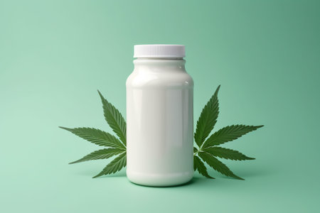 A bottle with a marijuana leaf on a green background. Generative AI image. Supplement bottle mockup.の素材