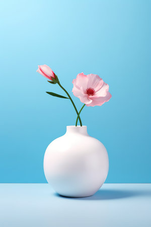 A white vase with two pink flowers in it. Generative AI image.