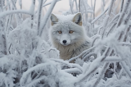 A white wolf sitting in the middle of a snow covered forest. Generative AI image.の素材