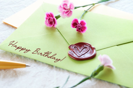 Envelope wax seal with carnation flowers on white table.の写真素材