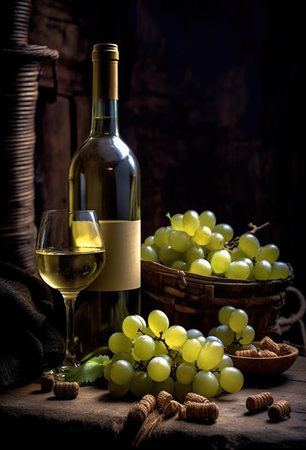 A bottle of wine and some grapes on a table. Generative AI image.の素材