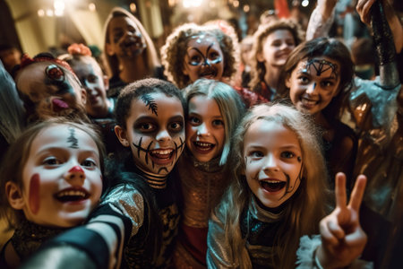 A group of children dressed up in halloween costumes. Generative AI image.の素材