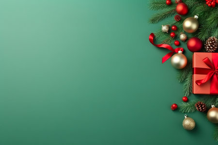 A green christmas background with a gift box and ornaments. Generative AI image.の素材