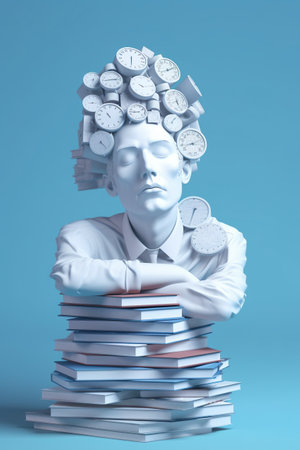 A statue of a man with a pile of books on his head. Generative AI image.の素材
