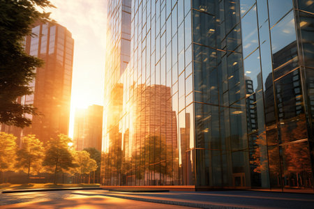 A city street with tall buildings in the background. Generative AI image.の素材