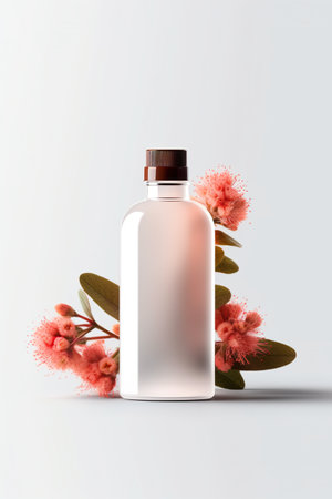 A white bottle with pink flowers on a white background. Generative AI image. Blank beauty product mockup.の素材