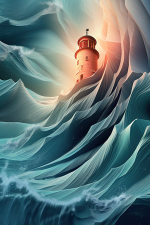 A lighthouse in the middle of a large wave. Generative AI image.の素材