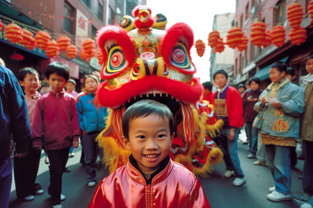 A young boy in a red jacket standing in front of a group of people. Generative AI image. Chinese New Year celebration.の素材