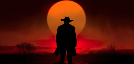 A silhouette of a cowboy standing in front of a sunset. Generative AI image.の素材