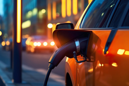 An electric car charging at a gas station. Generative AI image.の素材