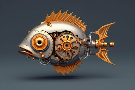 A mechanical fish with gears attached to its body. Generative AI image.の素材