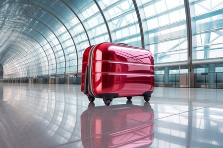 A red suitcase sitting on top of a white floor. Generative AI image.の素材