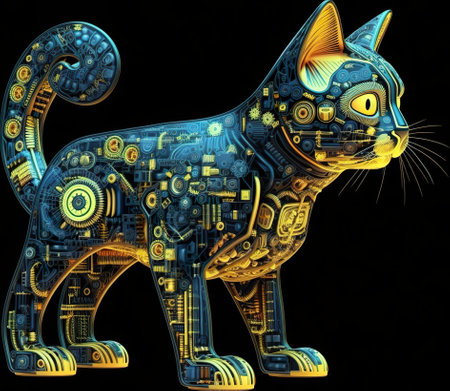 A cat made out of electronic parts on a black background. Generative AI image.の素材