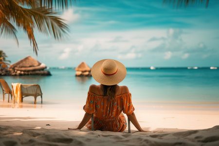 A woman sitting on a beach looking out at the ocean. Generative AI image.の素材