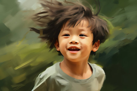 A painting of a young boy with hair blowing in the wind. Generative AI image.の素材