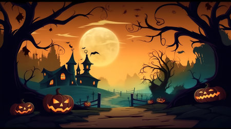 A halloween scene with pumpkins in the foreground. Generative AI image.の素材