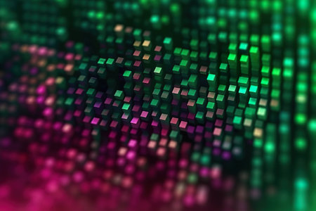 A green and purple background with squares. Generative AI image.の素材