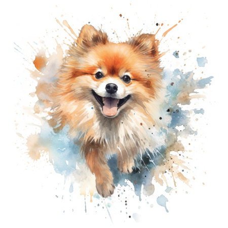A watercolor painting of a pomeranian dog. Generative AI image.の素材