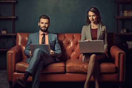 A man and a woman sitting on a couch with laptops. Generative AI image.の素材