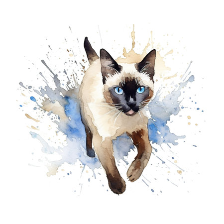 A siamese cat with blue eyes running. Generative AI image.の素材