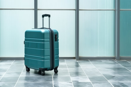 A piece of luggage sitting on a tiled floor. Generative AI image.の素材